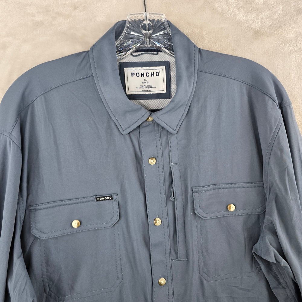 Poncho Outdoor Shirt Mens XL Slim Blue Magnetic Pockets Long Sleeve Fishing